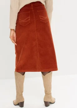 Jupe midi extensible en velours côtelé avec patte de boutonnage