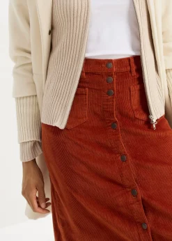 Jupe midi extensible en velours côtelé avec patte de boutonnage