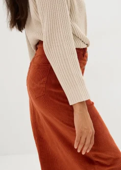 Jupe midi extensible en velours côtelé avec patte de boutonnage