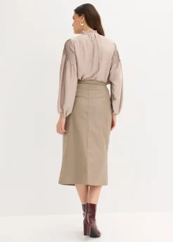 Jupe portefeuille enduite, longueur midi