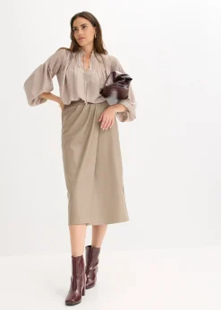 Jupe portefeuille enduite, longueur midi