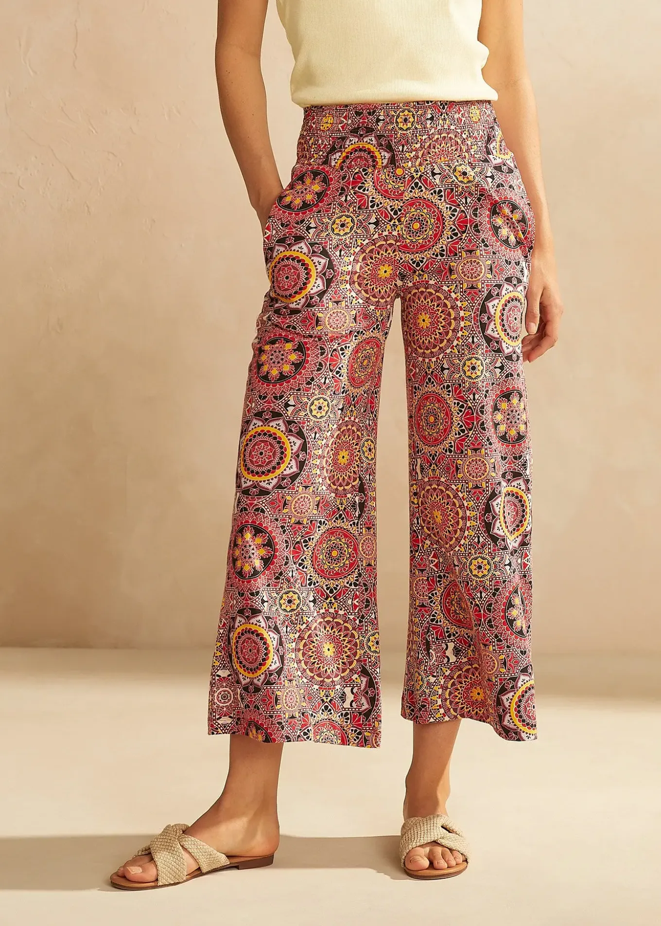 Jupe-culotte large en jersey avec large taille smokée, longueur 7/8