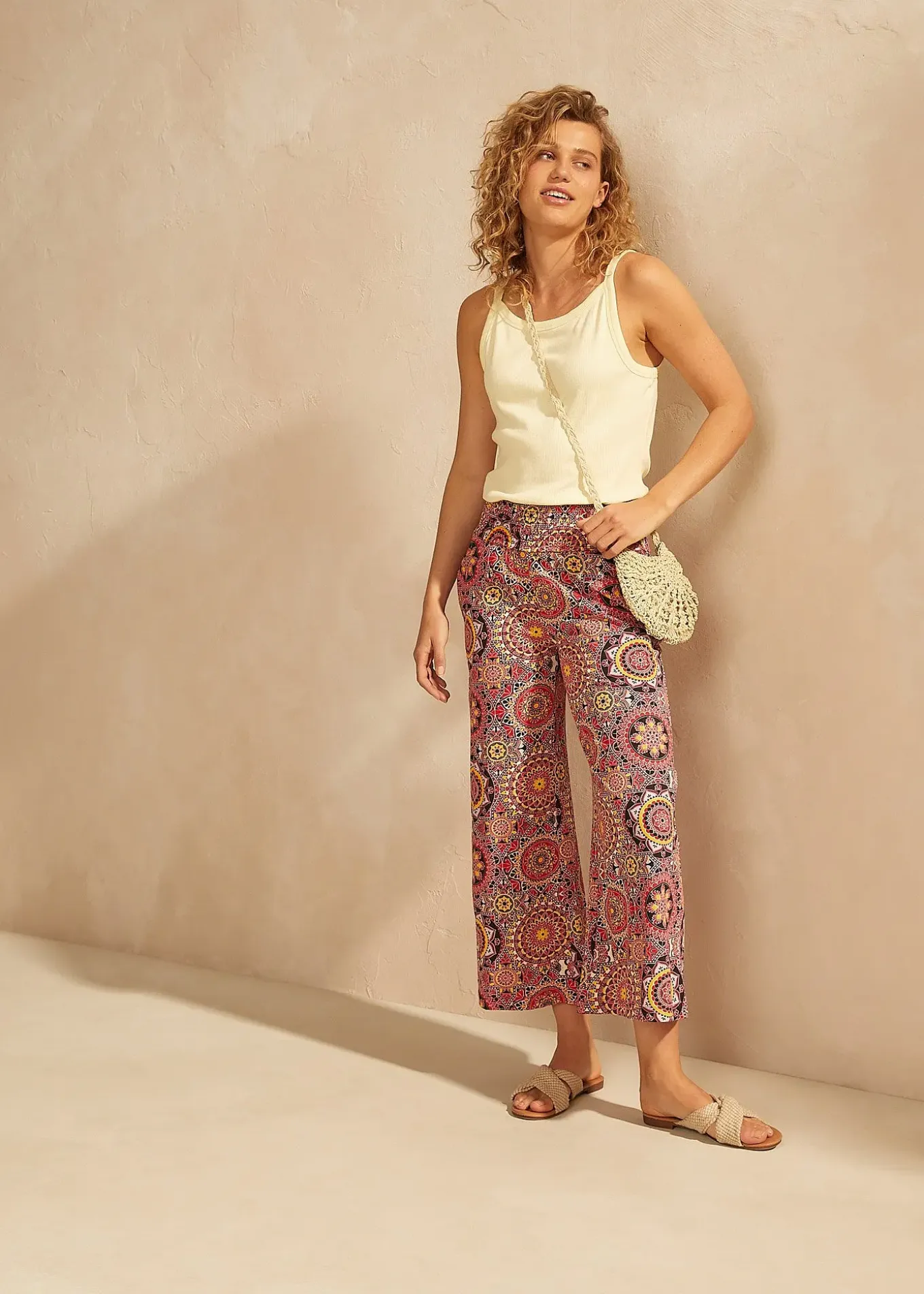 Jupe-culotte large en jersey avec large taille smokée, longueur 7/8