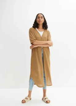 Long gilet en maille aspect lin