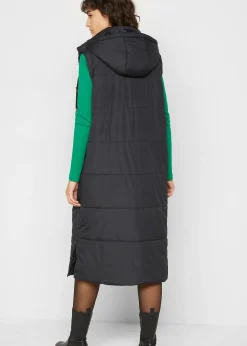 Longue doudoune sans manches à capuche et fentes latérales