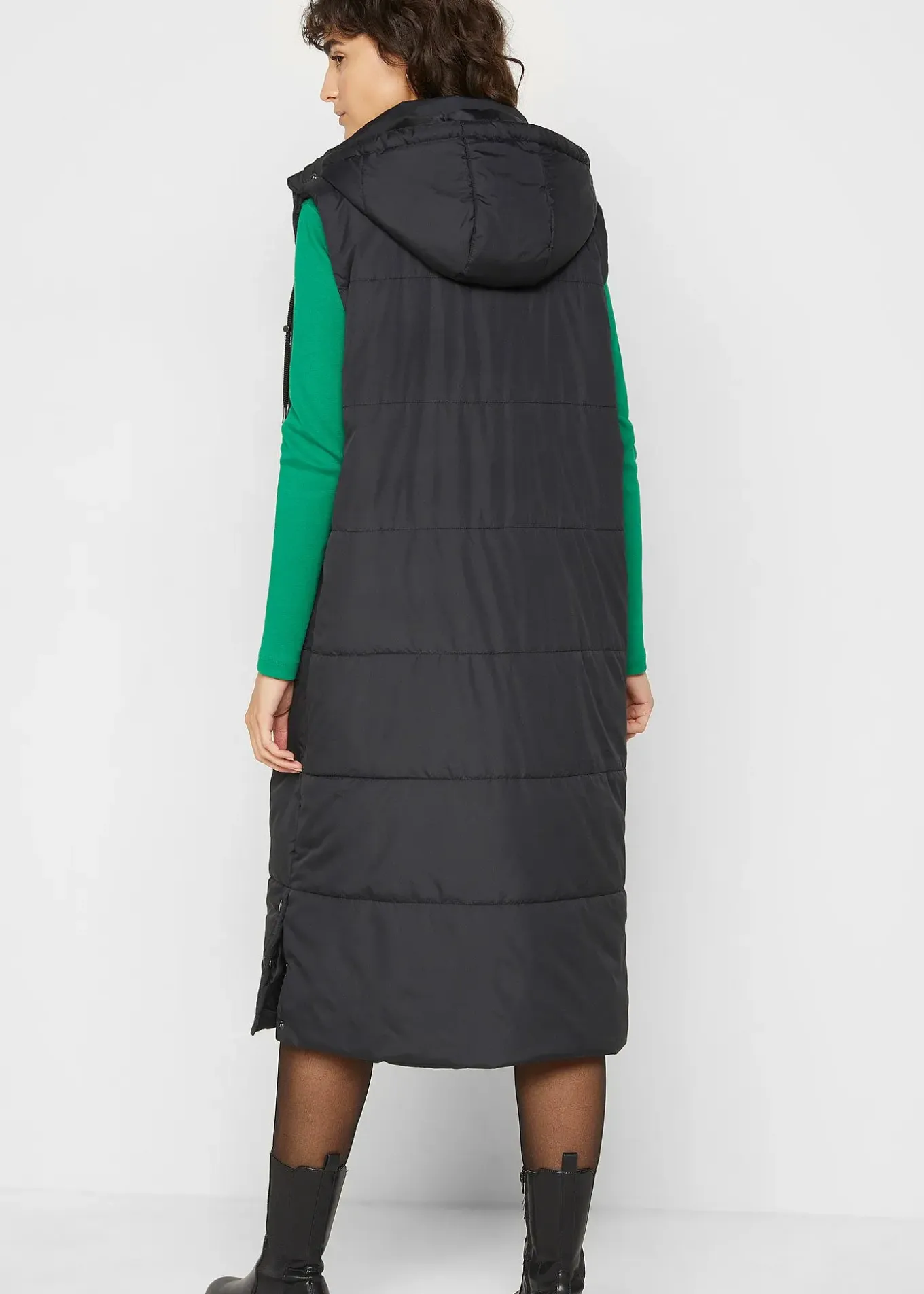 Longue doudoune sans manches à capuche et fentes latérales