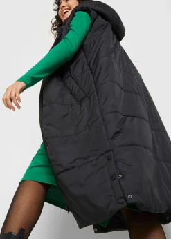 Longue doudoune sans manches à capuche et fentes latérales