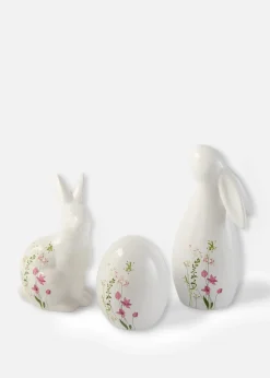 Lot de 3 figurines déco Lapins et Œuf avec fleurs