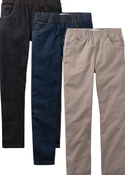 Lot de 3 pantalons droits, regular à taille élastiquée, 100% coton