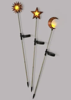 Lot de 3 piquets de jardin solaire Soleil, Lune, Étoile