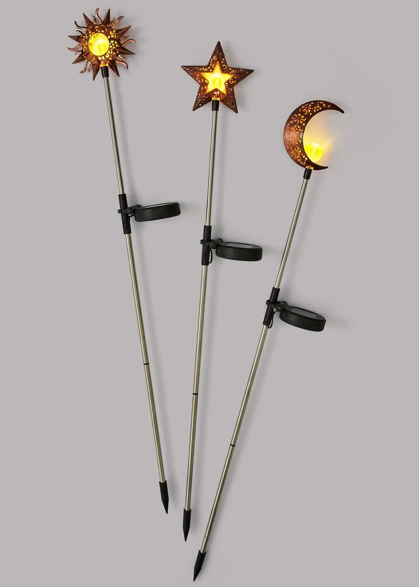 Lot de 3 piquets de jardin solaire Soleil, Lune, Étoile