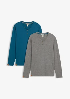 Lot de 2 T-shirts col tunisien manches longues, 100% coton