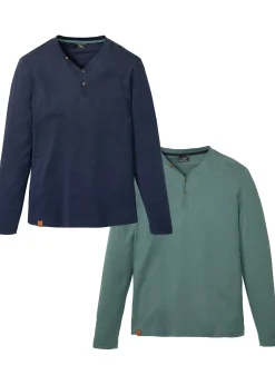 Lot de 2 T-shirts col tunisien manches longues, 100% coton