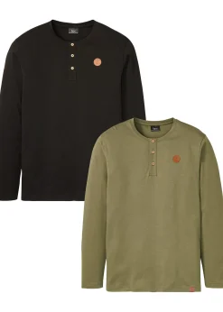 Lot de 2 T-shirts manches longues col tunisien 100% coton