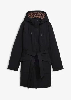 Manteau court déperlant avec ceinture et doublure léopard