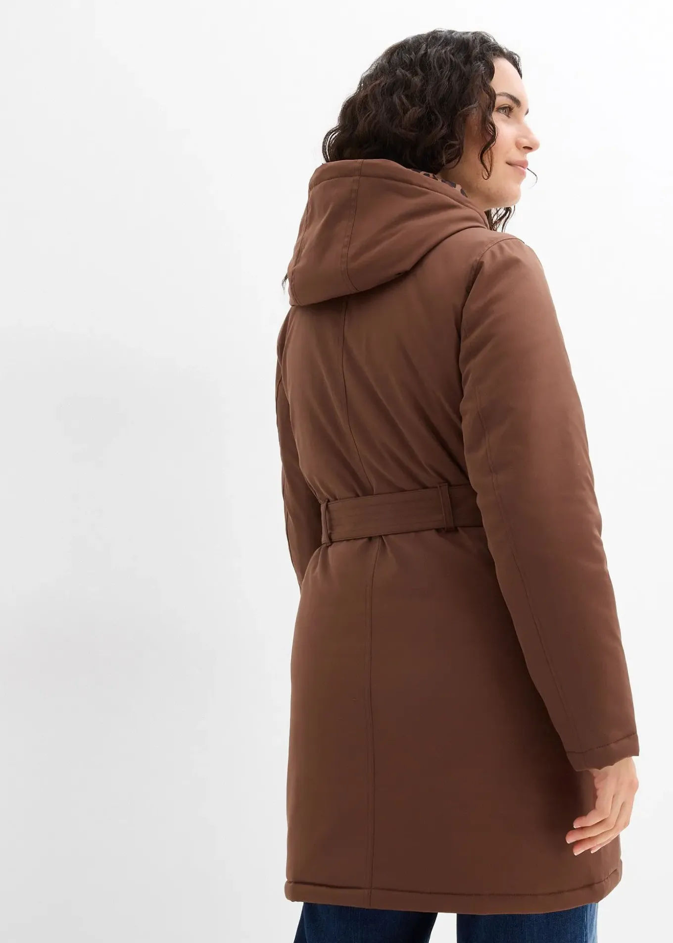 Manteau court déperlant avec ceinture et doublure léopard