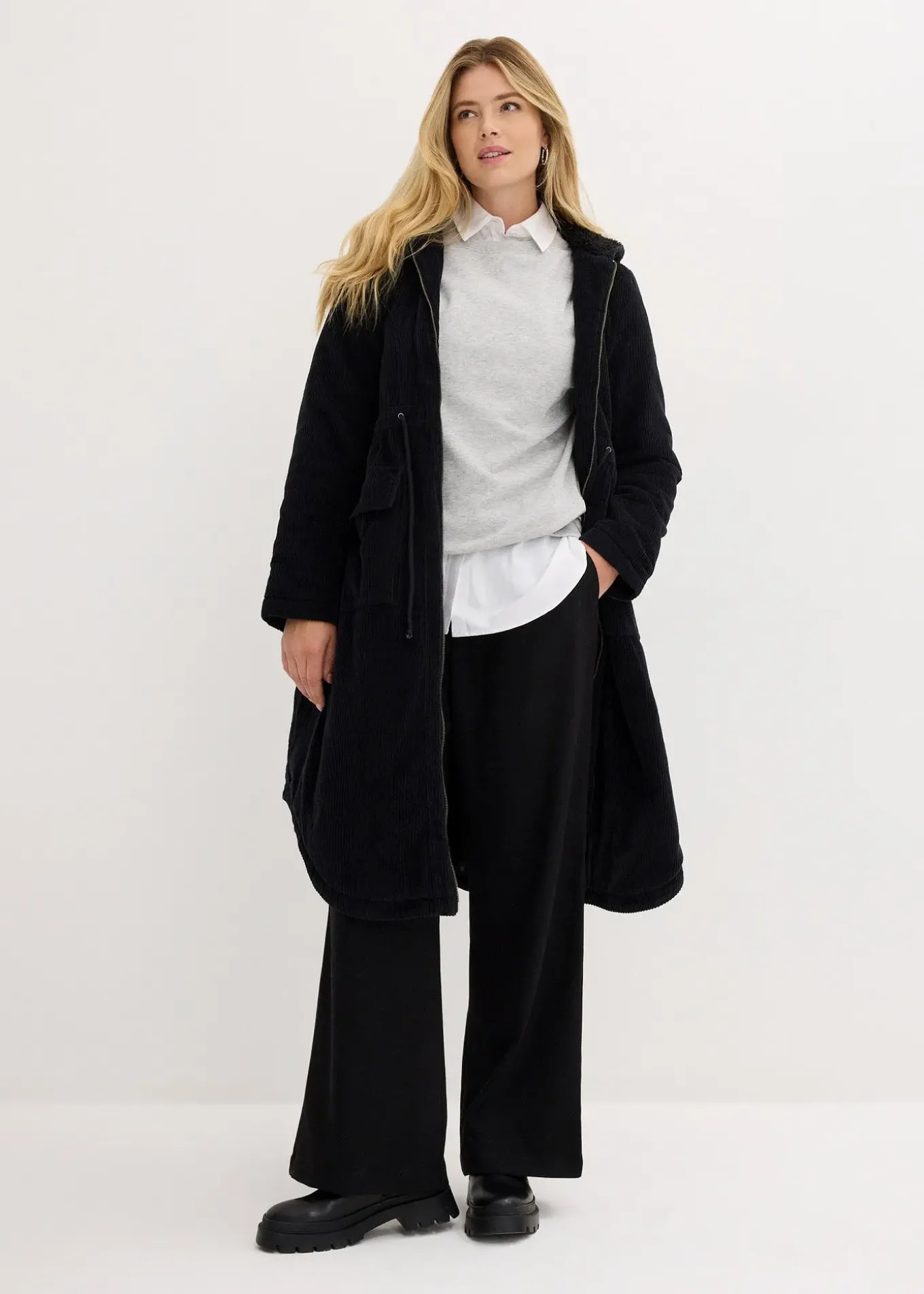 Manteau en velours côtelé 100% coton avec capuche doublée sherpa