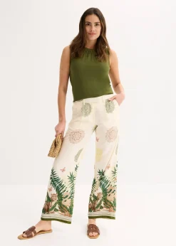 Pantalon à pinces en viscose avec imprimé bas de jambe