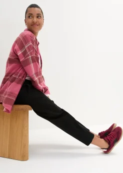 Pantalon barrel en twill à taille haute élastiquée et coutures décalées sur le devant