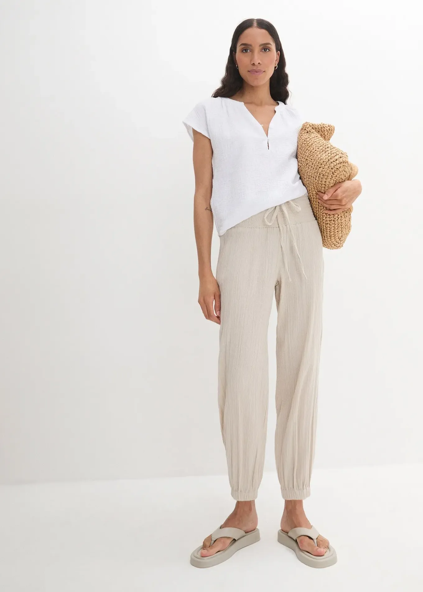 Pantalon en gaze de coton avec ceinture smockée