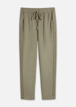 Pantalon en lin majoritaire avec empiècement de dentelle sur le côté, longueur cheville