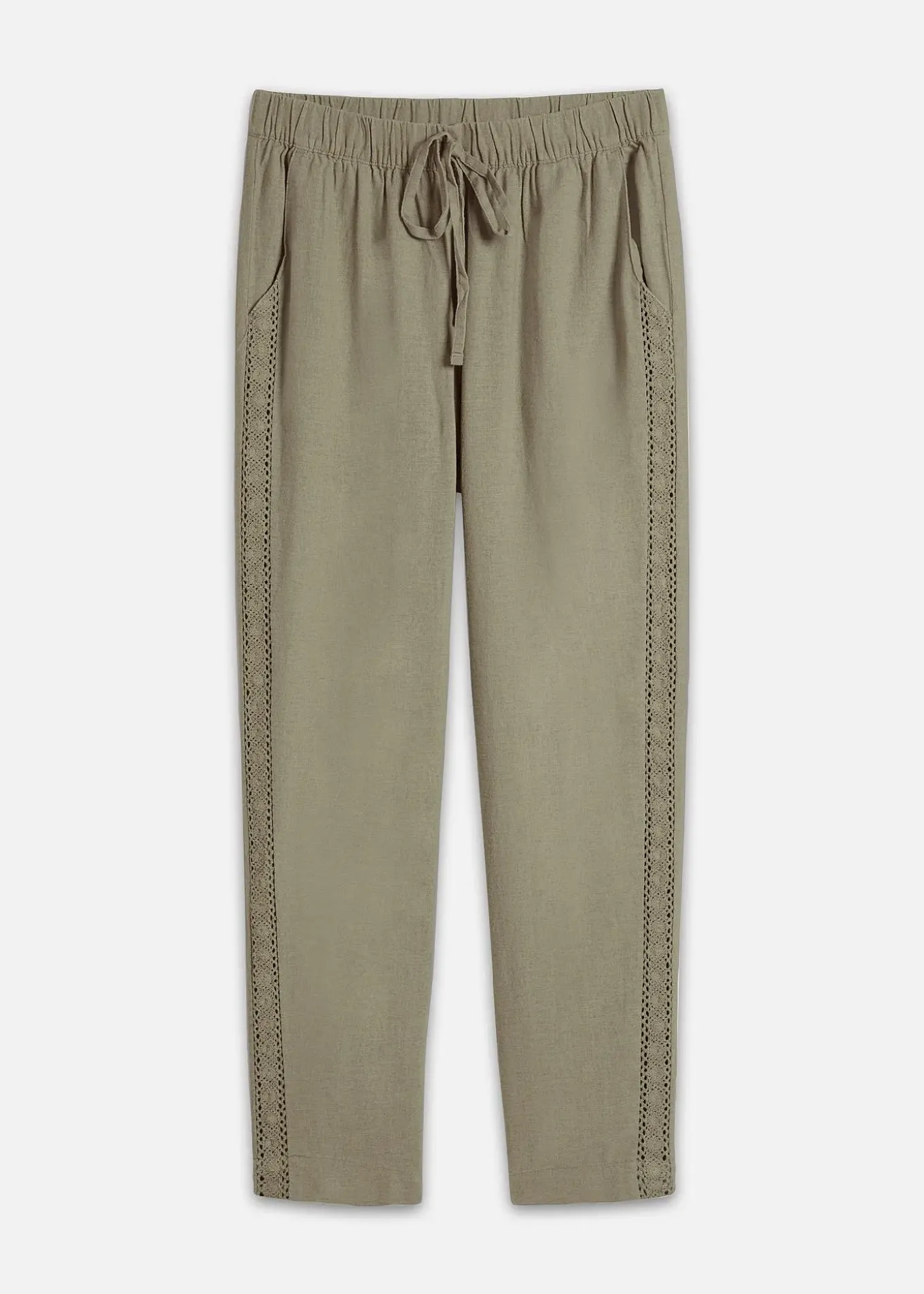 Pantalon en lin majoritaire avec empiècement de dentelle sur le côté, longueur cheville