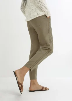 Pantalon en lin majoritaire avec empiècement de dentelle sur le côté, longueur cheville