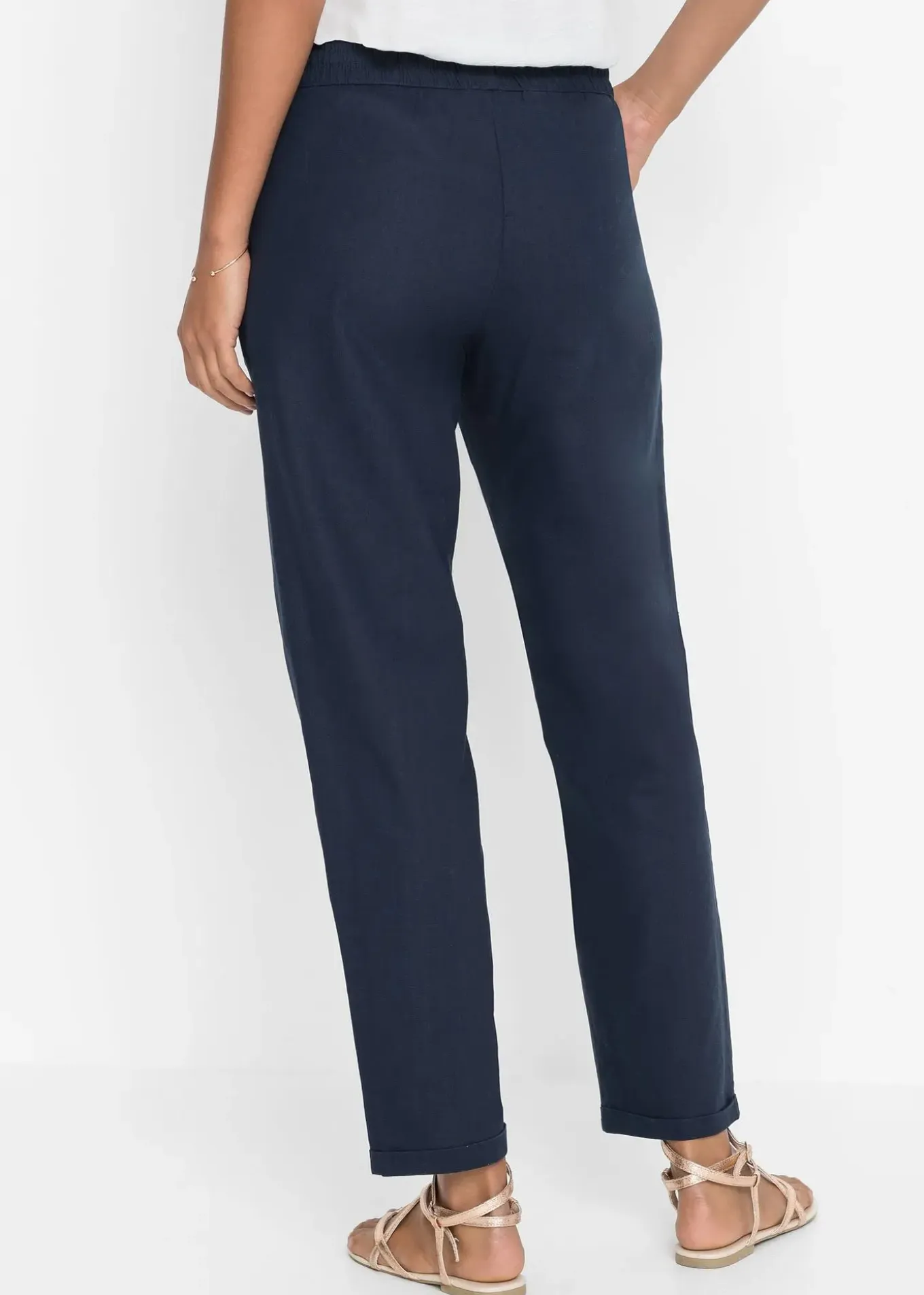 Pantalon en lin mélangé, taille élastiquée