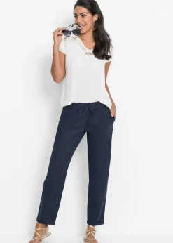 Pantalon en lin mélangé, taille élastiquée