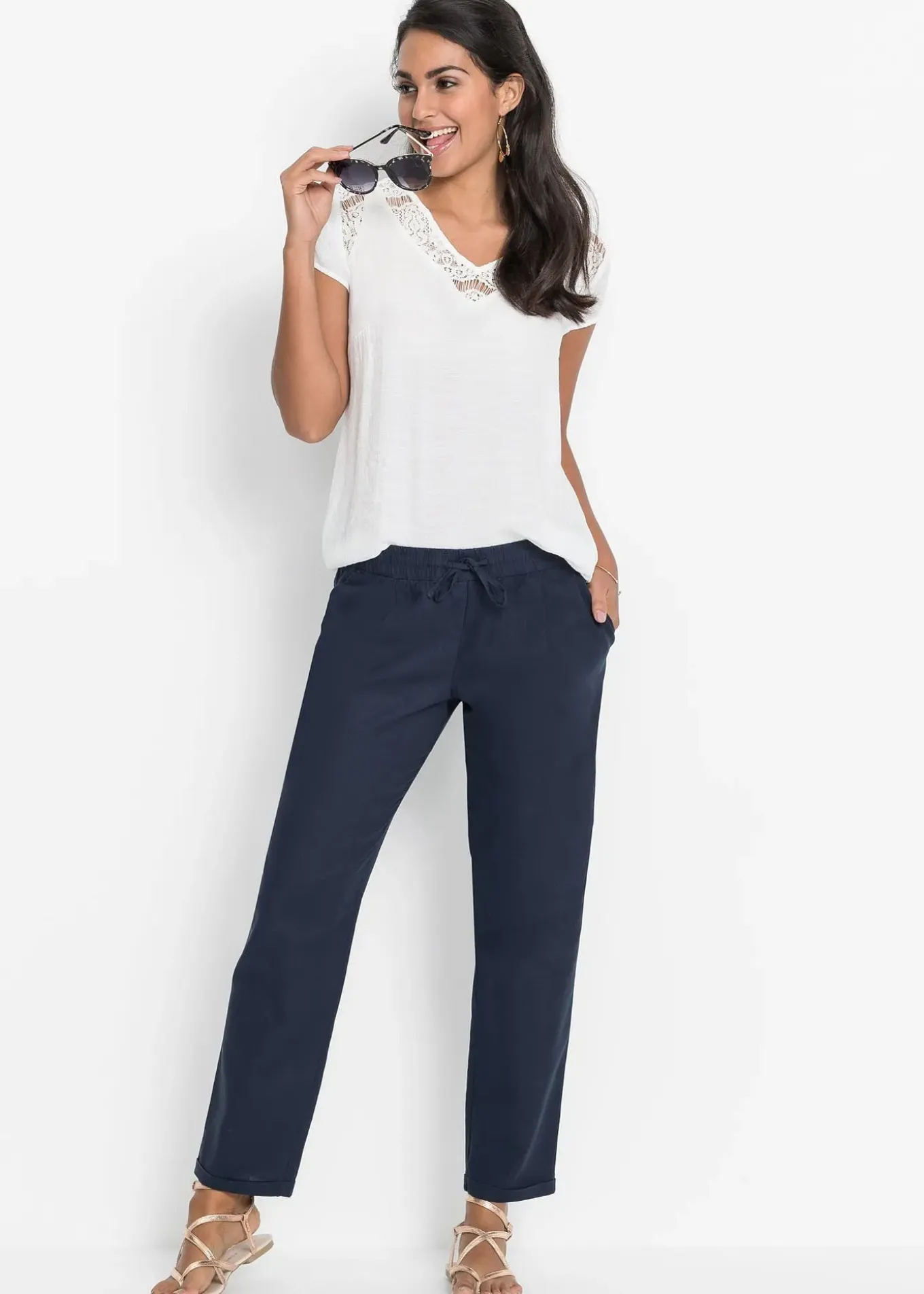 Pantalon en lin mélangé, taille élastiquée