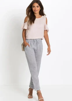 Pantalon en lin mélangé, taille élastiquée
