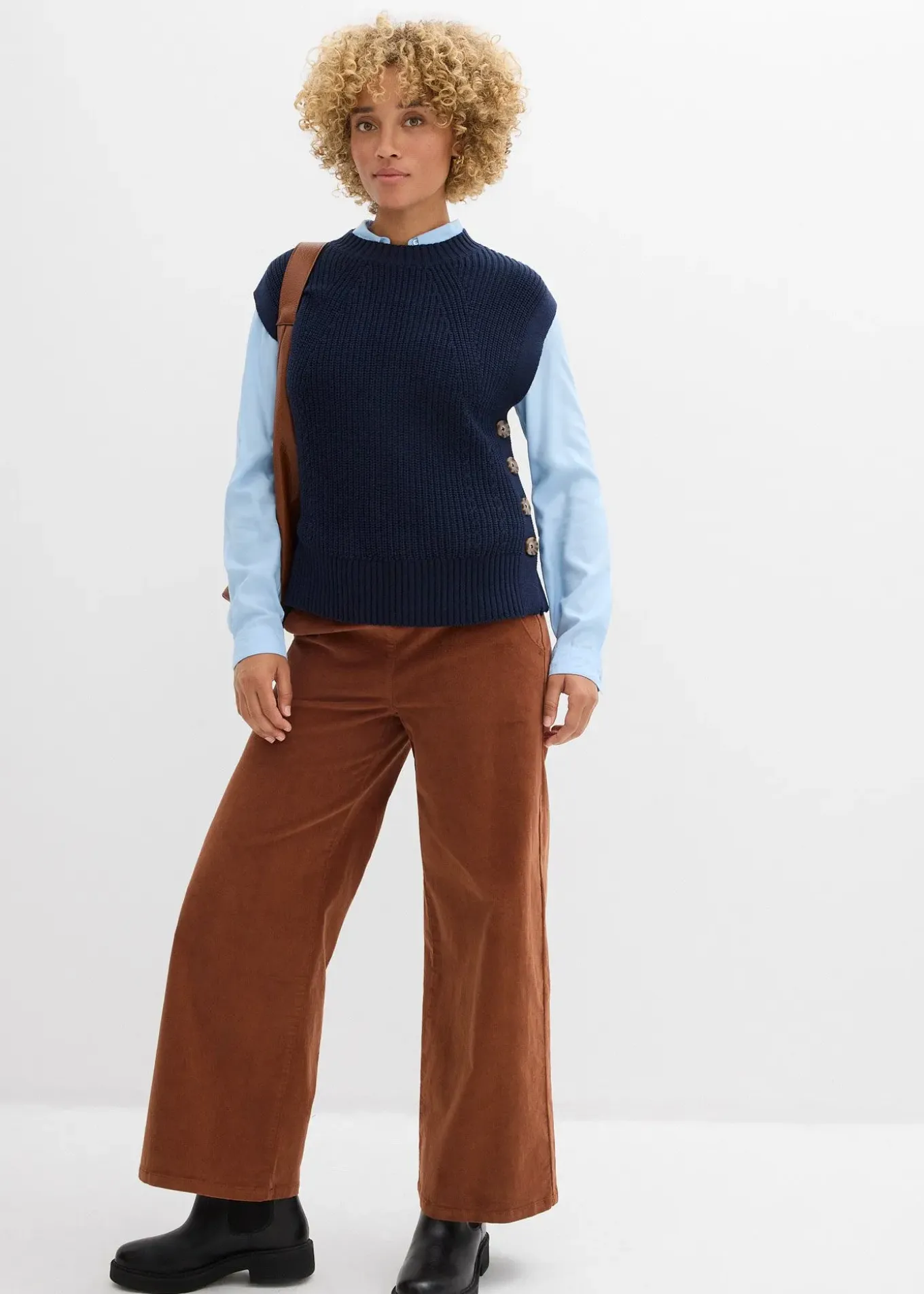 Pantalon en velours côtelé, taille haute élastiquée