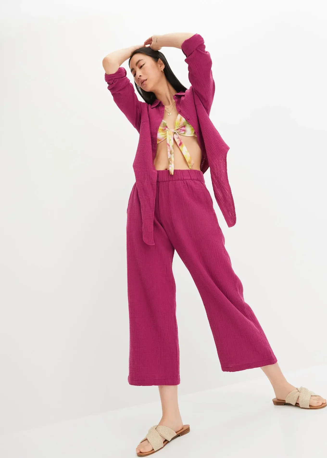 Pantalon large à pinces en gaze de coton