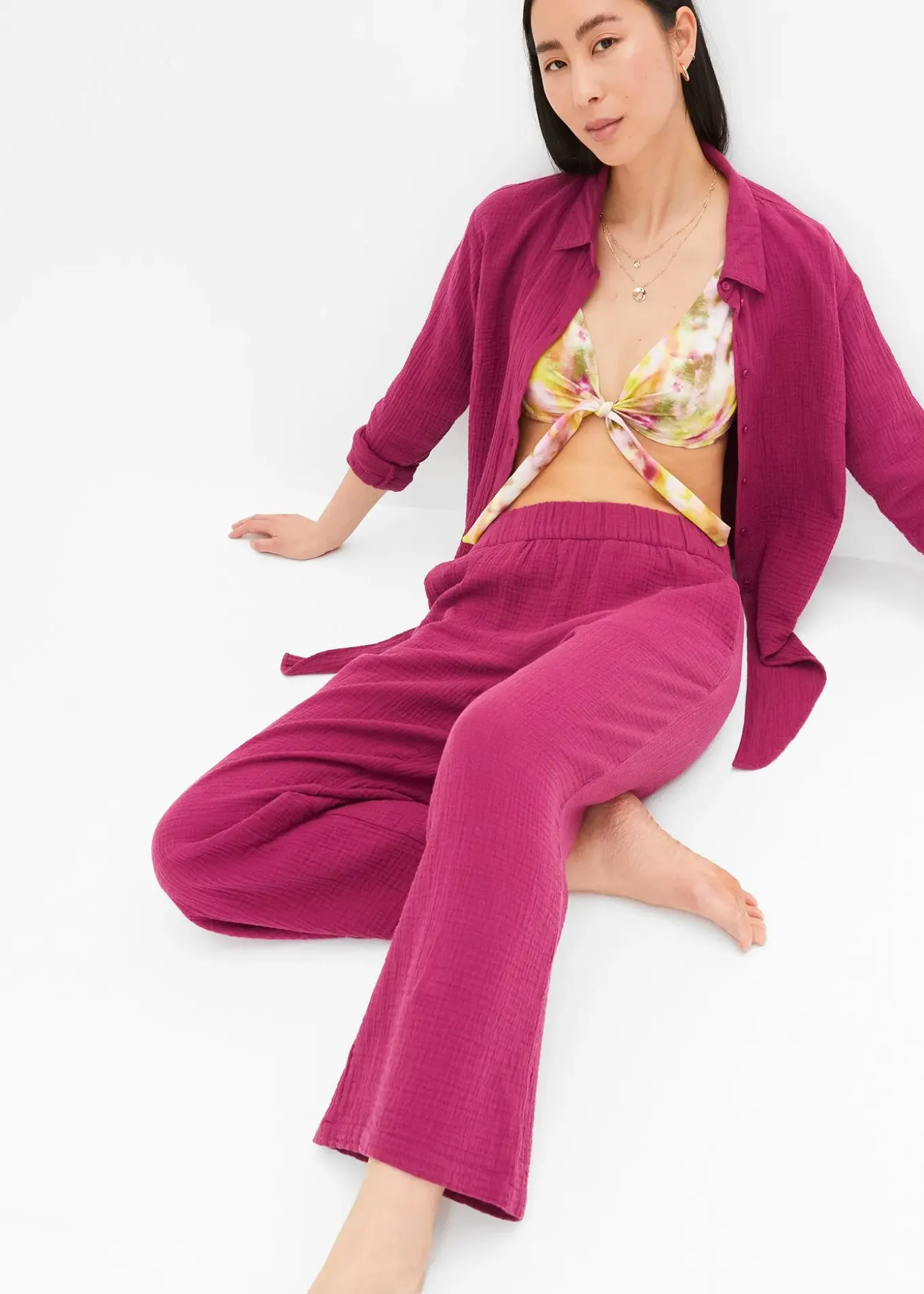 Pantalon large à pinces en gaze de coton