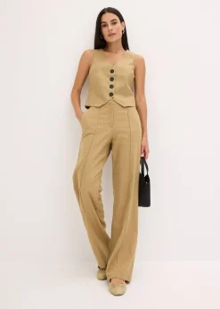 Pantalon taille haute à pinces en lin majoritaire