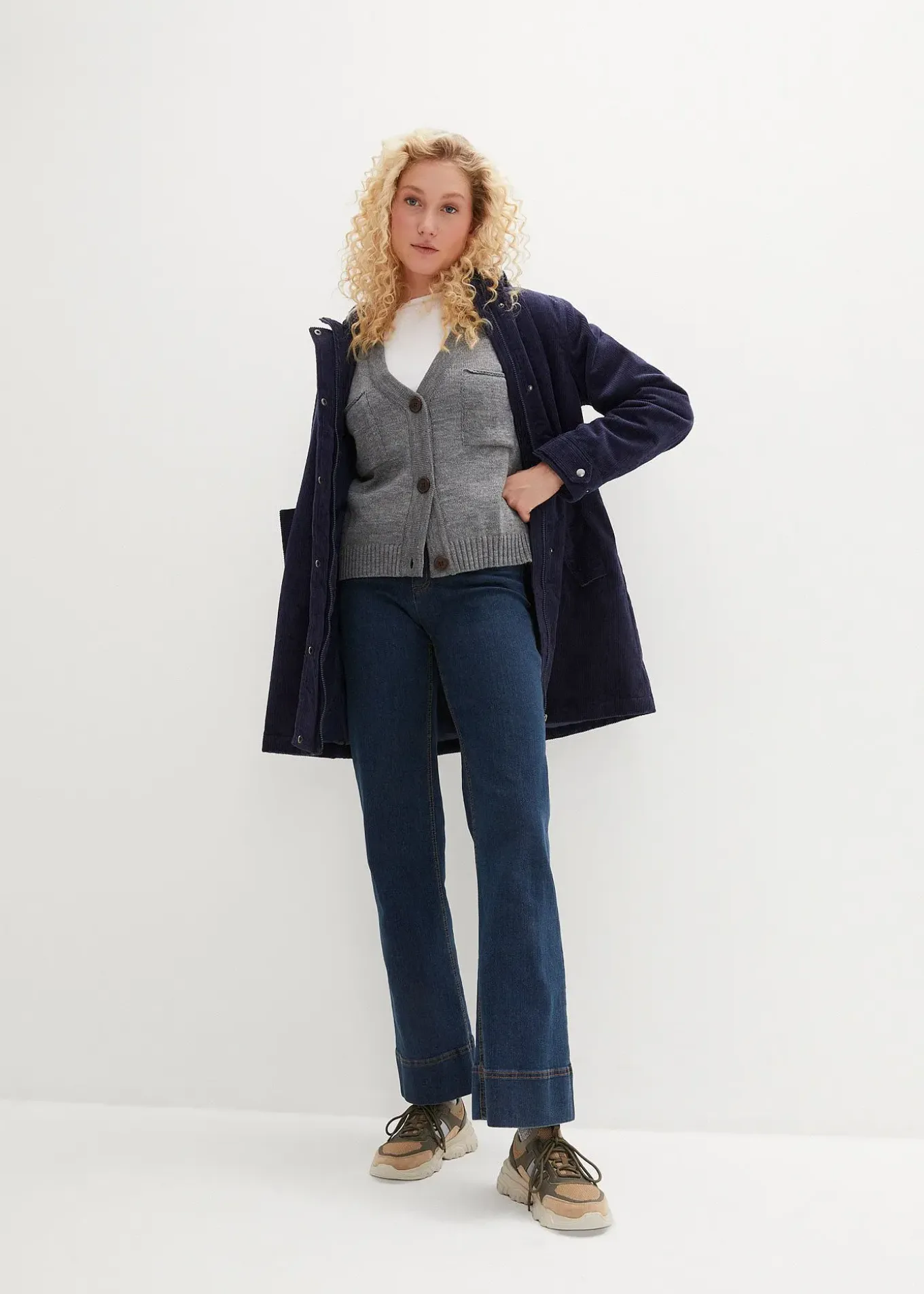 Parka chaude en velours côtelé avec capuche doublée polaire, coupe trapèze