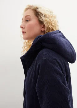 Parka chaude en velours côtelé avec capuche doublée polaire, coupe trapèze