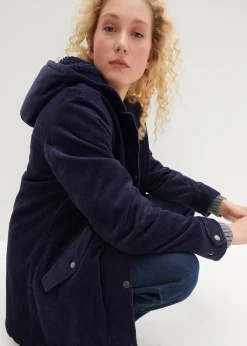 Parka chaude en velours côtelé avec capuche doublée polaire, coupe trapèze