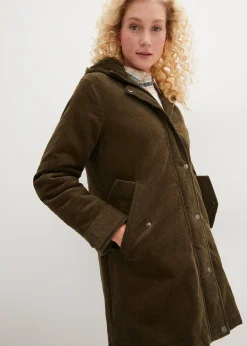 Parka chaude en velours côtelé avec capuche doublée polaire, coupe trapèze