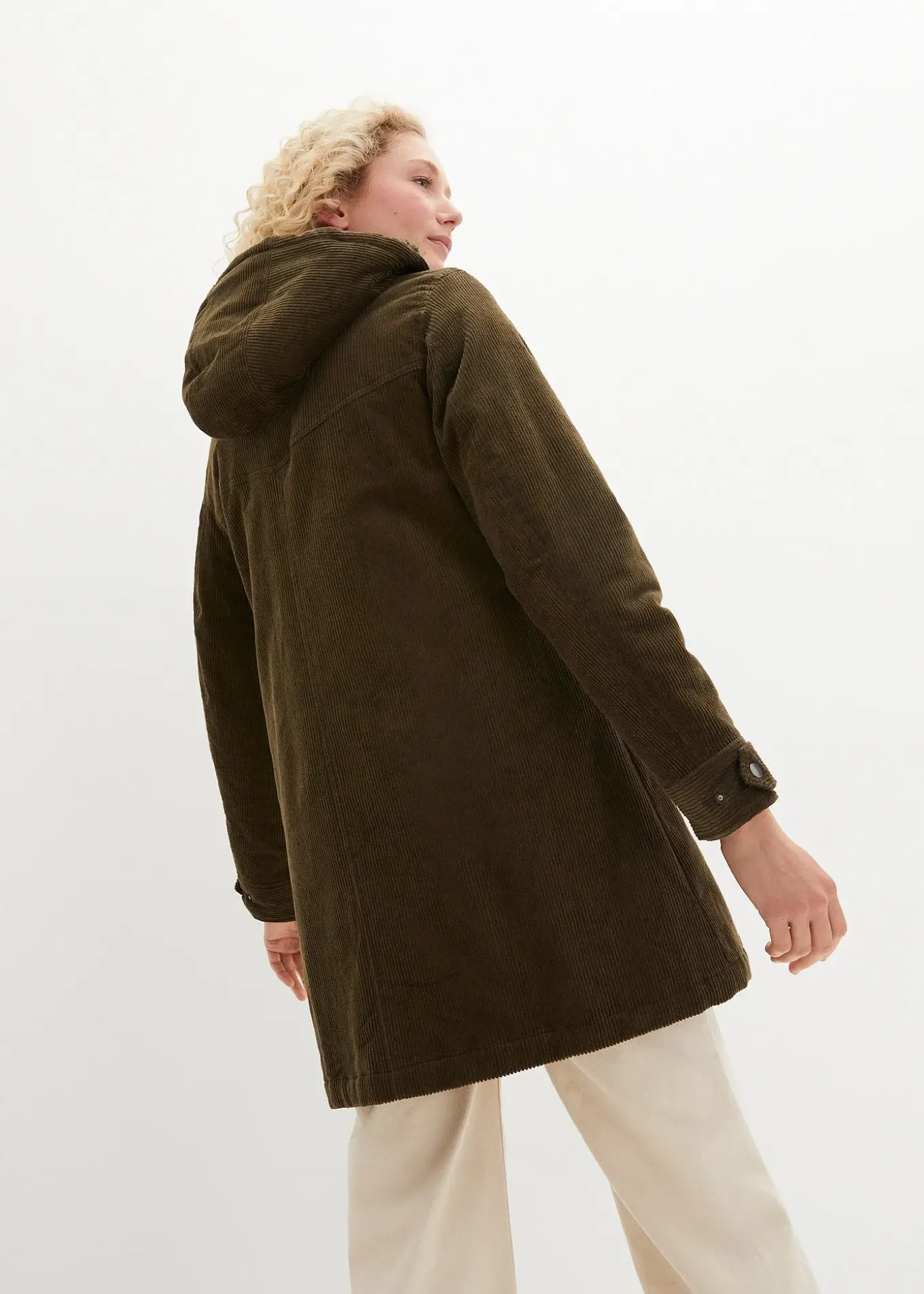 Parka chaude en velours côtelé avec capuche doublée polaire, coupe trapèze