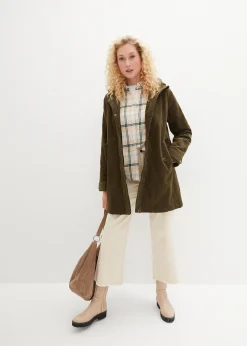 Parka chaude en velours côtelé avec capuche doublée polaire, coupe trapèze