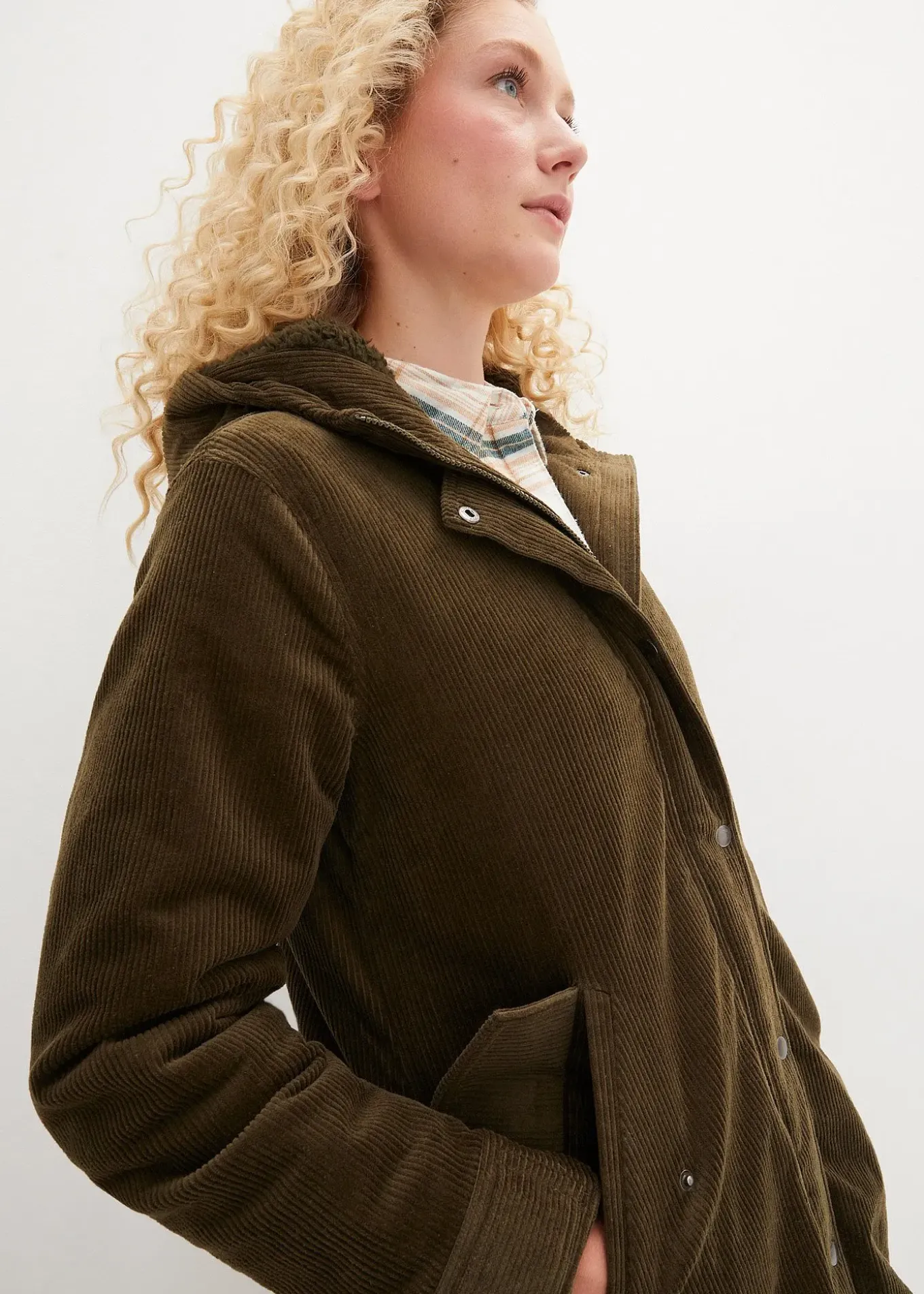 Parka chaude en velours côtelé avec capuche doublée polaire, coupe trapèze