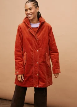Parka chaude en velours côtelé avec capuche doublée polaire, coupe trapèze