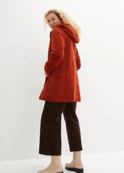 Parka chaude en velours côtelé avec capuche doublée polaire, coupe trapèze