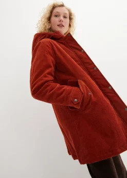 Parka chaude en velours côtelé avec capuche doublée polaire, coupe trapèze