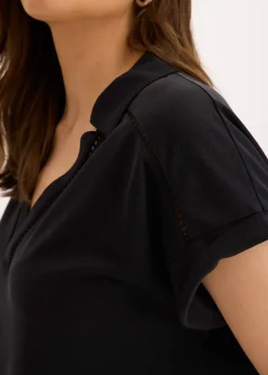 Polo en maille piquée de viscose avec empiècement en dentelle