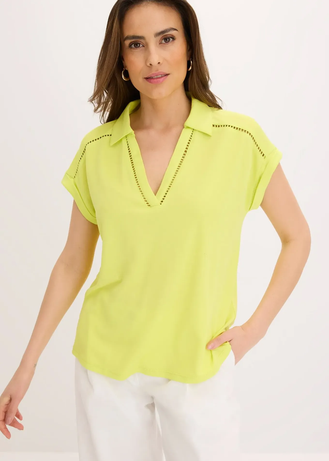 Polo en maille piquée de viscose avec empiècement en dentelle