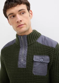 Pull camionneur en grosse maille avec empiècements en tissu