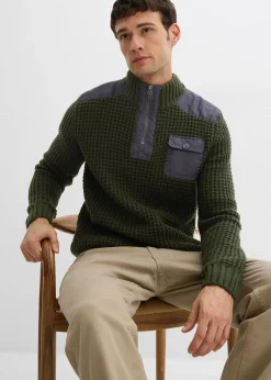 Pull camionneur en grosse maille avec empiècements en tissu