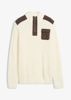 Pull camionneur en grosse maille avec empiècements en tissu